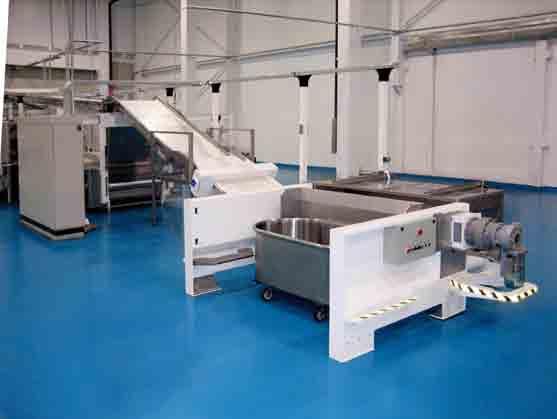 Stainless steel dough feeding by means of hopper and pneumatic guillotine