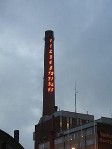 Figure: The chimney of Turku Energia in Turku, Finland, featuring the Fibonacci sequence in 2m high neon