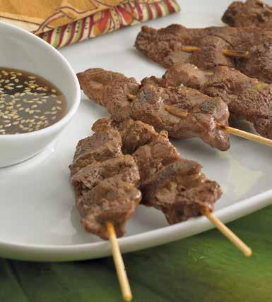 a 6 skewer. Product #2223 Satay Beef A raw strip of beef from the strip loin, threaded onto a 6 skewer.