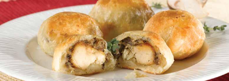 Product #306 Chicken Wellington Mini A mouthwatering combination of a succulent chicken tender accompanied by a mushroom duxelle, encased in flaky puff
