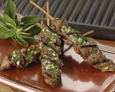 5/20 case pack Product #2731 Churrasco Chimichurri Sliced Sirloin woven on a bamboo skewer, drenched in an exotic