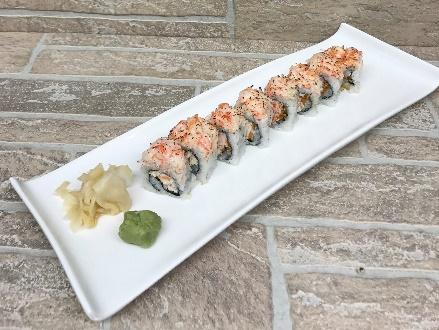 00 Fried soft shell crab, cucumber, avocado inside, on top flying fish roe with eel sauce. 911 ROLL (5 pieces)... $9.