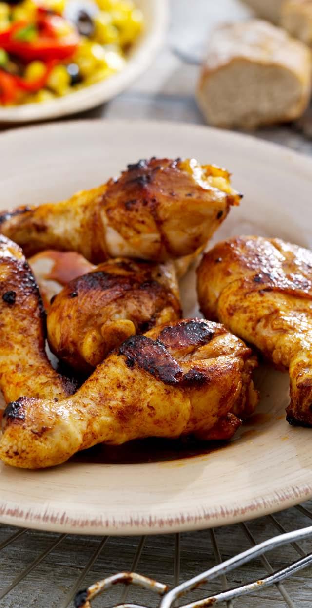 Spicy Drumsticks with Barbecue Marinade Main course 4 por tions 5 minutes (+ 20 min to marinade) + 20 minutes airfr yer 1 clove garlic, crushed ½ tablespoon mustard 2 teaspoons brown sugar 1 teaspoon