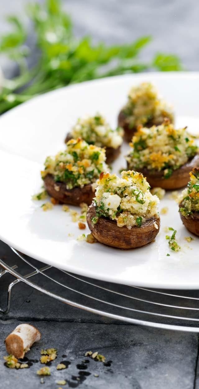 Garlic Mushrooms Appetizer 12 por tions 10 minutes + 10 minutes airfr yer 1 slice of white bread 1 clove garlic, crushed 1 tablespoon flat-leafed parsley, finely chopped Freshly ground black pepper 1
