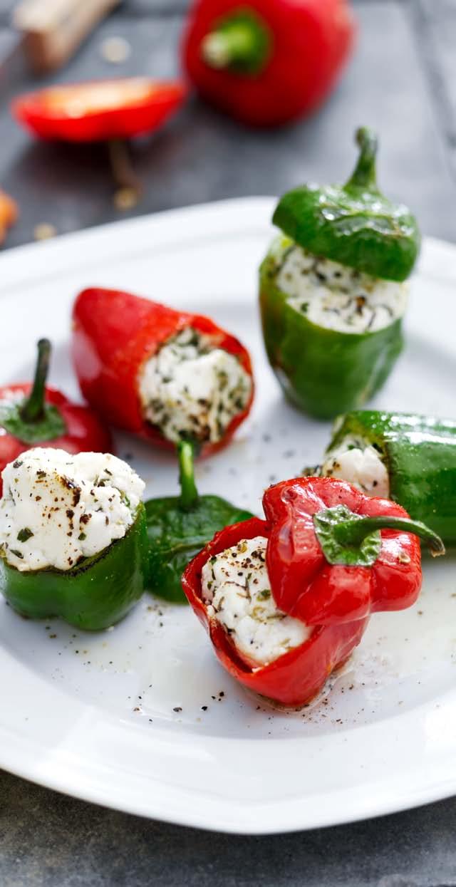 Mini Peppers with Goat Cheese Appetizer 8 por tions 10 minutes + 8 minutes airfr yer 8 mini or snack peppers ½ tablespoon olive oil ½ tablespoon dried Italian herbs 1 teaspoon freshly ground black