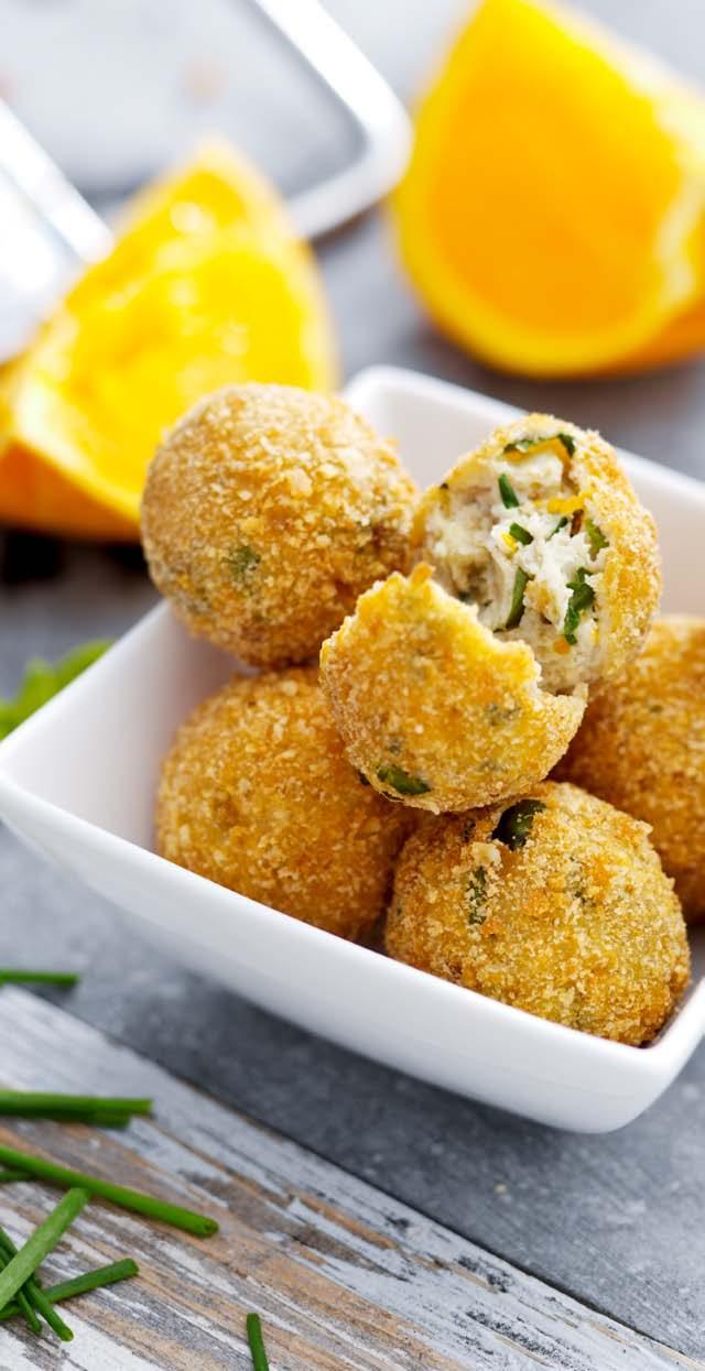 Ricotta Balls with Basil Appetizer 20 por tions 15 minutes + 16 minutes airfr yer 250 g ricotta 2 tablespoons flour 1 egg, separated Freshly ground pepper 15 g fresh basil, finely chopped 1