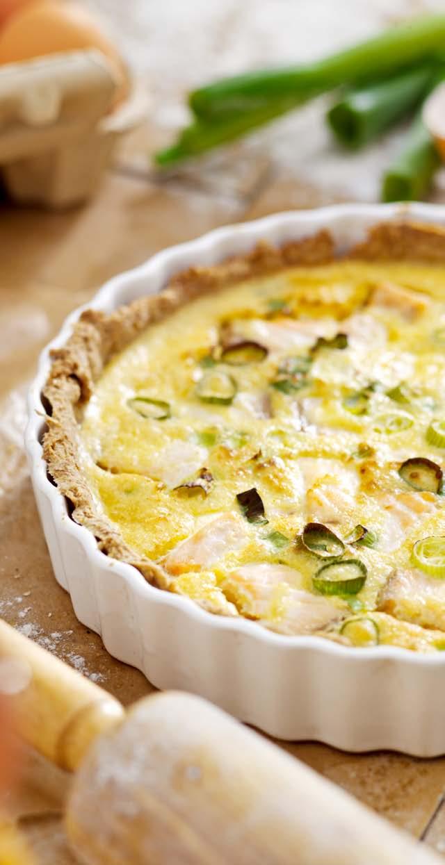 Salmon Quiche Main course 2 por tions 15 minutes + 20 minutes airfr yer 150 g salmon fillet, cut into small cubes ½ tablespoon lemon juice Freshly ground black pepper 100 g flour 50 g cold butter, in