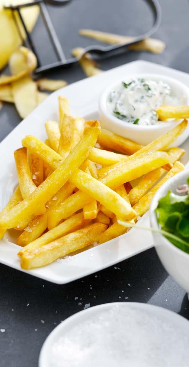 Fries with Yoghurt Dip Side dish 3-4 por tions 20 minutes + 15 minutes airfr yer 500 g large waxy potatoes ½ tablespoon (olive) oil 150 ml (Greek) yoghurt 2 tablespoons flat-leafed parsley, finely
