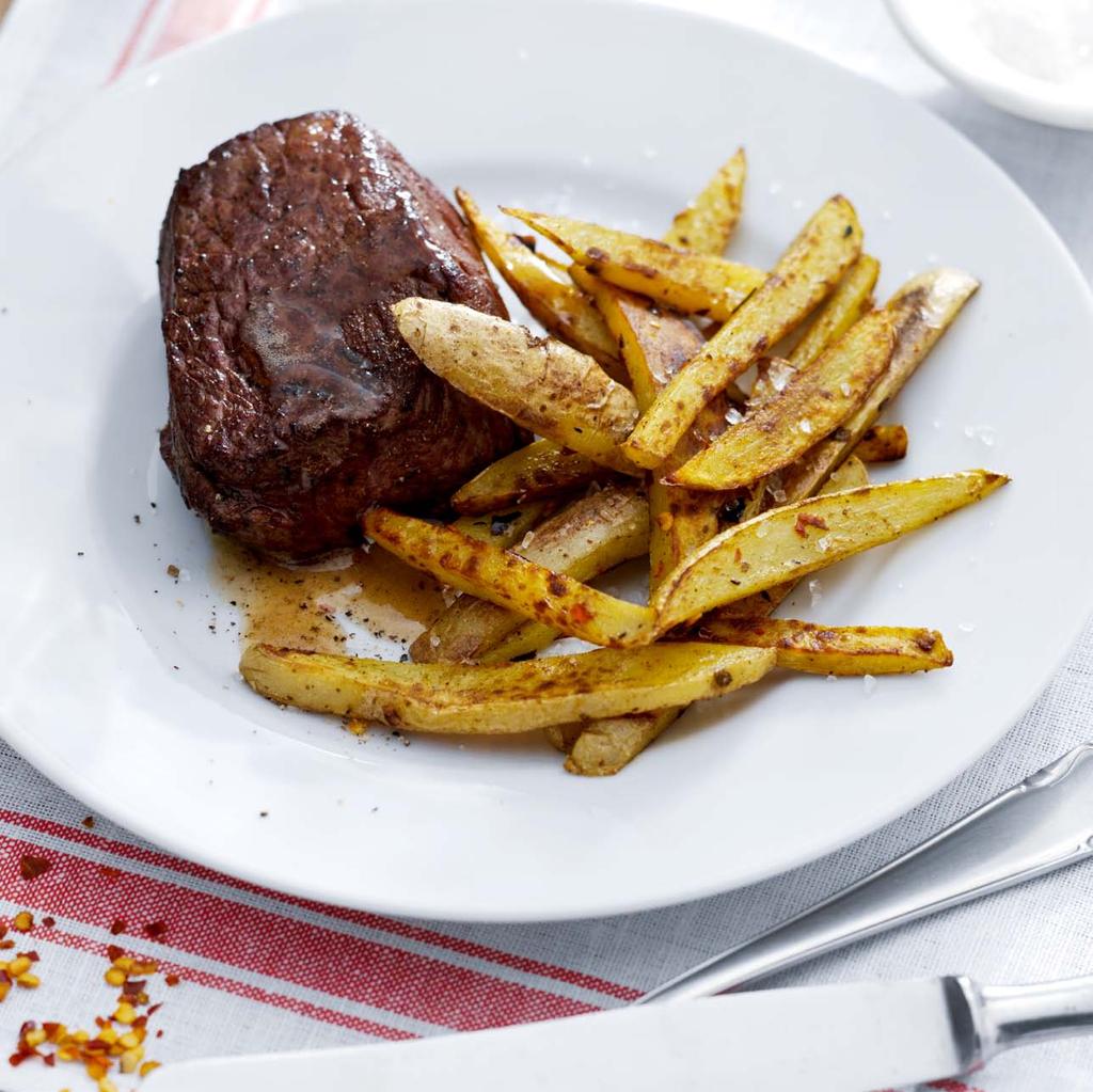Spicy Country Fries Side dish 4 por tions 10 minutes + 20 minutes Airfr yer 800 g waxy potatoes 2 small, dried chilies or 1 heaped teaspoon freshly ground, dried chili flakes ½ tablespoon freshly
