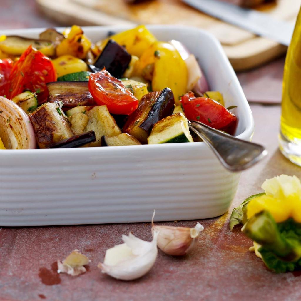 Ratatouille Vegetables 4 por tions 8 minutes + 15 minutes airfr yer 200 g courgette and/or aubergine 1 yellow bell pepper 2 tomatoes 1 onion, peeled 1 clove garlic, crushed 2 teaspoons dried