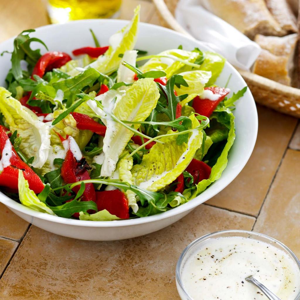 Green Salad with Roasted Pepper Side dish 4 por tions 15 minutes + 10 minutes airfr yer 1 red bell pepper 1 tablespoon lemon juice 3 tablespoons yoghurt 2 tablespoons olive oil Freshly ground black