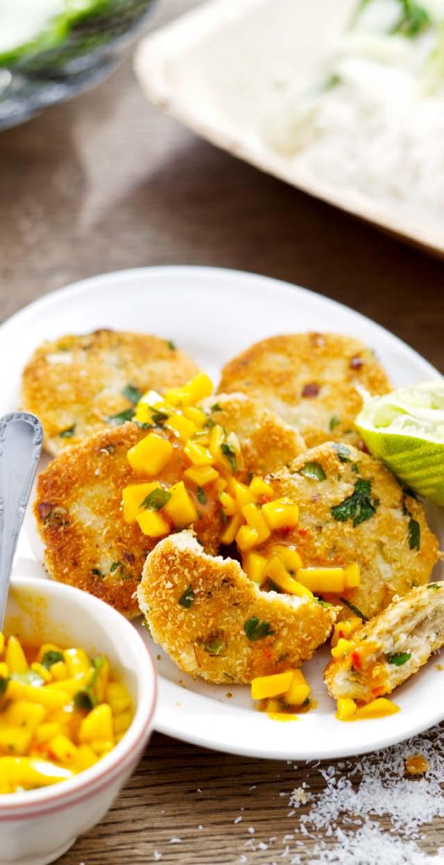 Thai Fish Cakes with Mango Salsa Main course 4 por tions 20 minutes + 14 minutes airfr yer 1 ripe mango 1½ teaspoons red chili paste 3 tablespoons fresh coriander or flat leaf parsley Juice and zest