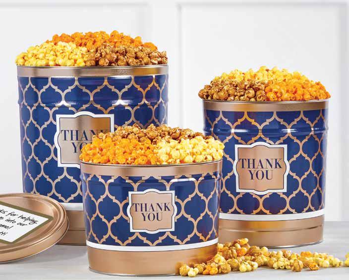 5-gallon tins hold an extra 24 cups. 2-gallon tins contain 32 cups of popcorn; 3.5-gallon tins contain 56 cups and 6.5-gallon tins contain 104 cups. U D P074230 2-Gallon 3-Flavor $34.99 P074330 3.