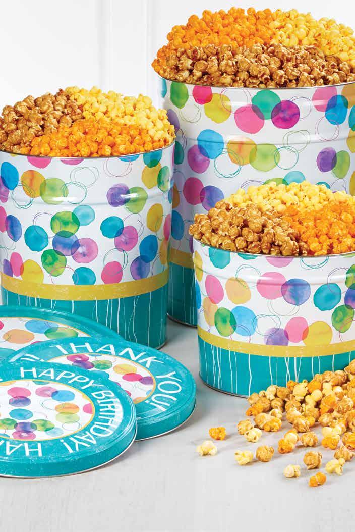 Instant Day righteners SMILEY DOT POPORN TINS They will smile at the sight of this bright tin filled for the next snack attack! Tins are packed with lip-smackin utter, heese and aramel Popcorn.
