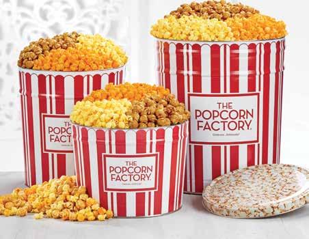 99 D RETRO POPORN TINS A retro spin on a fresh snack fave! Retro Popcorn Tins are packed with a trio of mouthwatering utter, heese and aramel Popcorn. 2-Gallon tins contain 32 cups of popcorn.