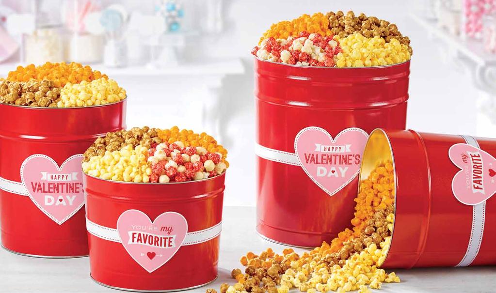 hoose from a variety of gallon sizes, filled with fresh-popped, gourmet popcorn and topped with classic flavor favorites of utter, heese and aramel, plus festive Valentine