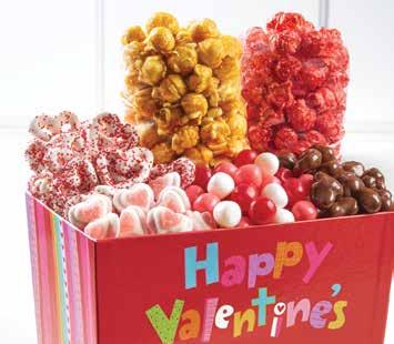This tower showers the love with Milk hocolate Popcorn ites, Neapolitan Taffy, a Popcorn Heart, Pixies, Valentine Fruit Sours, and 6 flavors of popcorn: utter, aramel, White