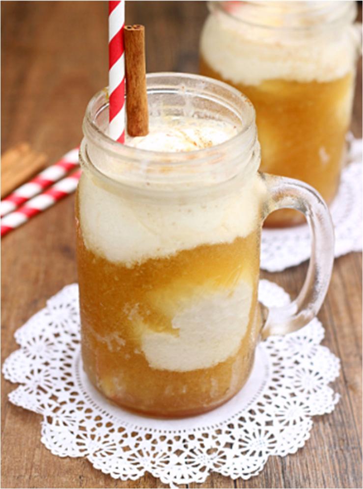 Apple Cider Floats Apple cider Ice cream Caramel ice cream topping Cinnamon In a glass add two scoops of ice cream. Then drizzle a spoonful of caramel ice cream topping on top of the ice cream.