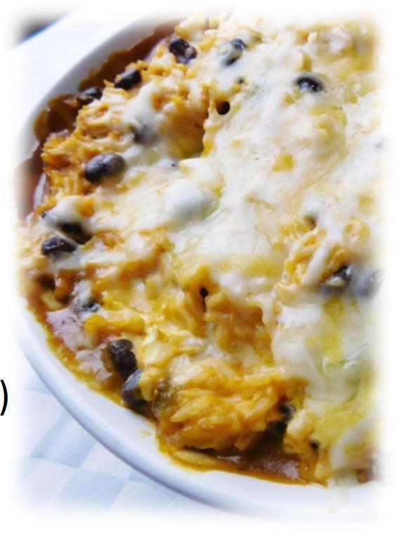 Mexican Rice & Black Bean Casserole with Chicken 1½ cups dry rice 3 cups chicken broth 1 (16 oz.) can refried beans 3 cups cooked chicken breast cubed 1 (10 oz.) can enchilada sauce 1 (10.75 oz.
