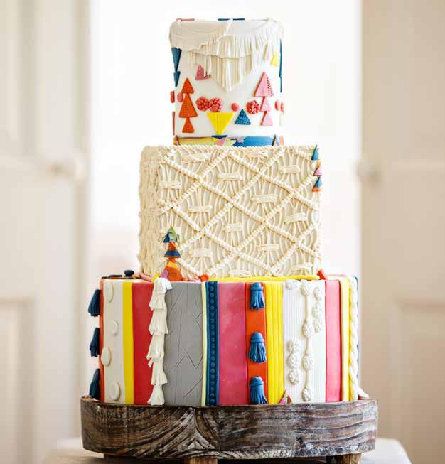 Bohemian Tapestry Fondant with a variety of colored accents, fringe, textures, beading and artistic macrame detail.