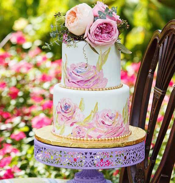 Monet Soft mint hued fondant is accentuated with hand painted impressionist style floral designs.