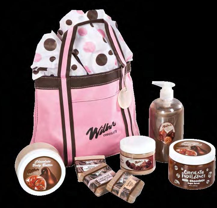 Pink/chocolate brown tote bag filled with one 16 oz.