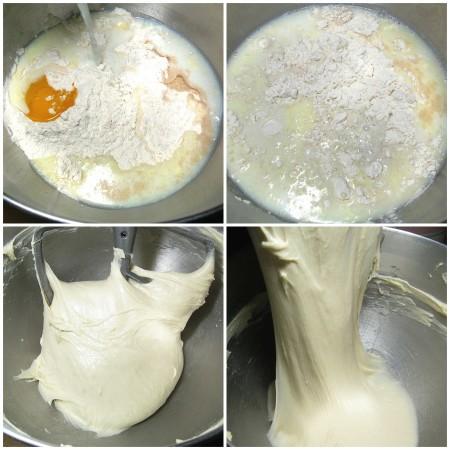 Place the following into a mixing bowl, or into the pan of your bread machine: 1 3/4 cups lukewarm milk 3 tablespoons butter 1 1/2 teaspoons salt 2 tablespoons granulated sugar 1 large egg, lightly