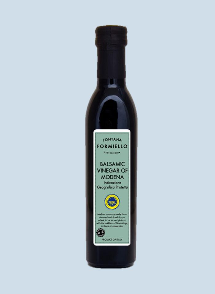 BALSAMIC VINEGAR OF MODENA Fontana FORMIELLO Balsamic Vinegar of Modena PGI is made in Modena, in Italy, using traditional procedures and is a protected geographical indication product.