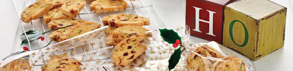 Craisin, Pistachio and White Chocolate Biscotti MAKES: 36 PREP: 15 minutes COOK: 50 minutes 1 cup caster sugar 3 eggs 2 ½ cups fl our 1 ½ teaspoons baking powder ¹ 3 cup craisins ½ cup shelled