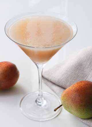 cocktails 3-4 SERVINGS PEAR & GINGER SAKÉ MARTINI 1 frozen pear, peeled, cored, and quartered ½ teaspoon grated fresh ginger 2 cups pear juice ½ cup saké 1 tablespoon agave 1 cup ice Crystalized