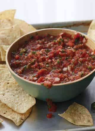 sauces, dips, sides 2 CUPS FIRE-ROASTED TOMATO SALSA 1 14½ ounce can fire-roasted tomatoes with juice 2 tomatoes, cored and seeded ½ small red onion, peeled, roughly cut 3 cloves garlic, peeled 1