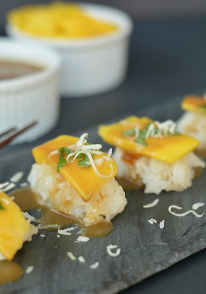 Mango and Coconut Dessert Sashimi 9 1 ripe mango 2 cup glutinous rice, uncooked 1 can coconut milk 1⅓ cups of water Basil and shredded coconut to garnish.