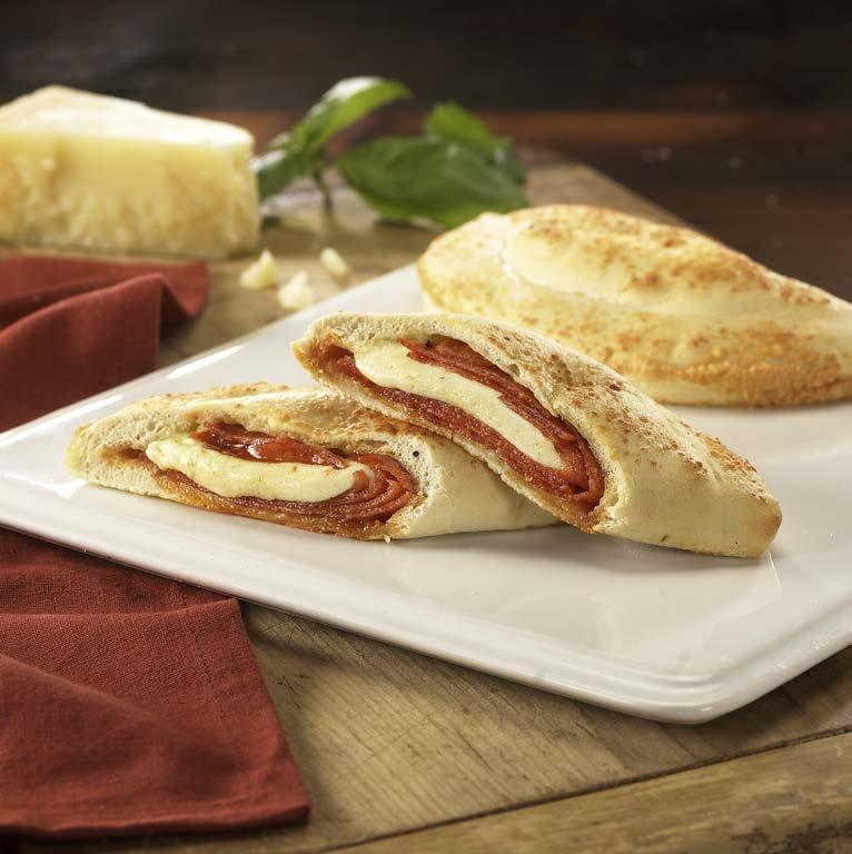 00 203 200 201 #410 PEPPERONI FOUR CHEESE CALZONE Calzone de Queso con Pepperoni Six zesty pepperoni calzones with a delicious blend of four cheeses.