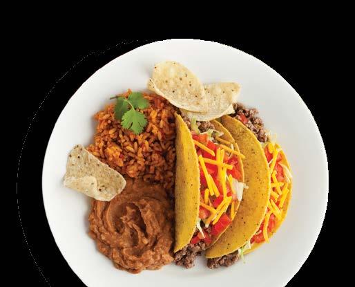 00 Includes 1 hard & 1 soft shell taco, beef or chicken & toppings, cheese, lettuce, sour cream, salsa, tomato, onion, tortilla chips, refried beans and Spanish rice. Add guacamole for 75 per person.