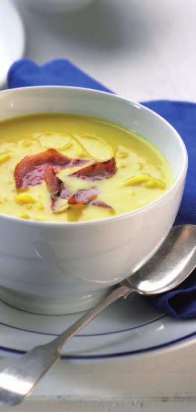 Soups and Starters Curried Potato and Leek Soup A mildly spiced creamy soup with the sweetness of leek.