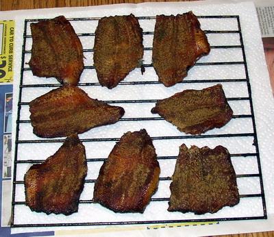 Here is what the catfish looks like after about 10 hours in the smoker, at the proper temperature.
