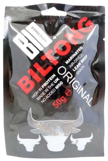 Bio Synergy Biltong: Original Flavor Bio Synergy United Kingdom Event Date: May 2015 Price: US 5.65 EURO 4.38 Description: Marinated air-dried lean beef snack, in a plastic packet.