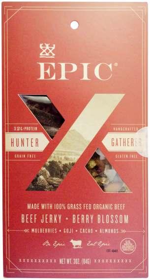 Epic Hunter Gatherer Beef Jerky And Berry Blossom Epic United States Price: US 4.59 EURO 3.53 Description: Small beef jerky pieces with mulberries, goji berries, cacao and almonds.