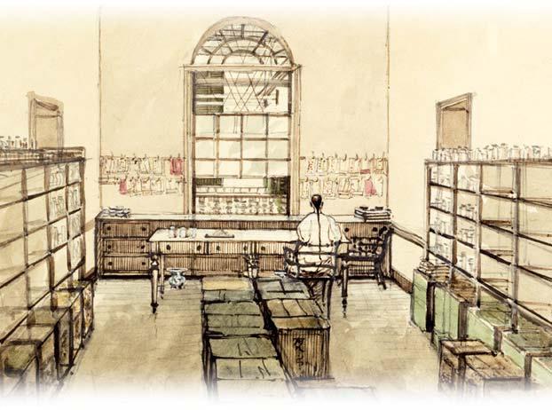 This rare view of the interior of a hong shows one of its most important offices the tea tasting room.