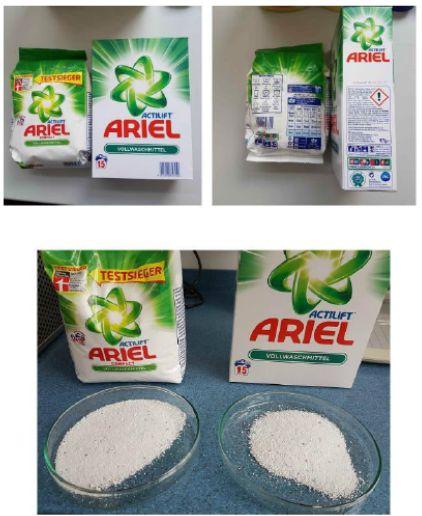 9 LARGE DIFFERENCES: ARIEL LAUNDRY DETERGENT POWDER significant difference regarding organoleptics, composition, volume ratio of the packaging, type of packaging, dosing, formulation ( compact )