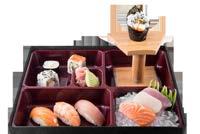 sashimi / 1 pc salmon sashimi / 1 pc tuna sashimi / 2 pcs unagi nigiri / 1 pc crispy chicken temaki / 1 pc tuna inari / 2 pcs cucumber roses Vegetarian Bento Rs 590