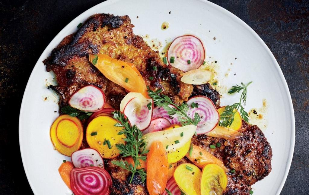 Turmeric Honey Pork with Beet and Carrot Salad 4 servings A little honey in the marinade helps these cutlets caramelize, guaranteeing they ll be nicely browned despite the super-short cooking time.