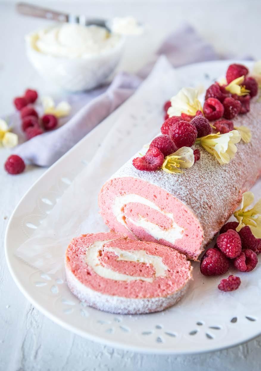 Raspberry Passion Roulade SERVES: 12 PREP: 30 MIN COOK: 15 MIN DIFFICULTY: EASY Dress up this pretty pink cake with lots of raspberries and fresh flowers for a beautiful celebration.
