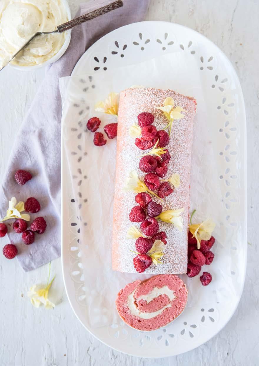 Raspberry Passion Roulade SERVES: 12 PREP: 30 MIN COOK: 15 MIN DIFFICULTY: EASY Delightfully fluffy raspberry sponge cake and not-too-sweet passionfruit cream cheese filling roll together to create