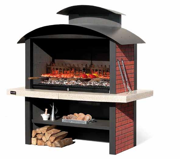 Easy assembly (included) Easy assembly (included) Barbecue in granulated marble with smooth Crystal top, black painted steel hood, sides with Decor Brick exposed brickwork finish, counter tops.