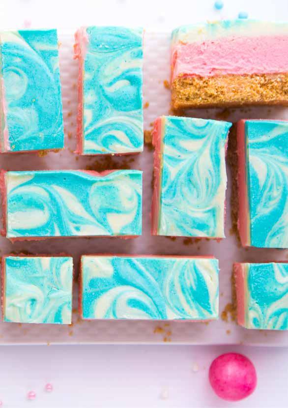 No Bake Bubble Gum Cheesecake Bars SERVES: 20 PREP: 45 MIN + CHILLING DIFFICULTY: MEDIUM Whip up these fun and colourful cheesecake bars without turning on the oven!