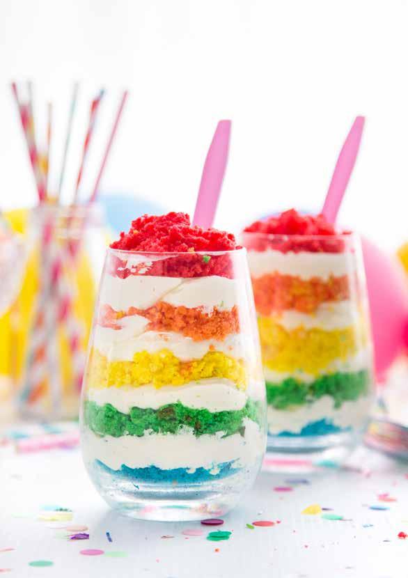Rainbow Bubble Gum Trifle SERVES: 4 PREP: 30 MIN COOK: 45 MIN DIFFICULTY: MEDIUM A colourful take on the traditional Christmas dessert, this rainbow trifle is little kid (and big kid) friendly and