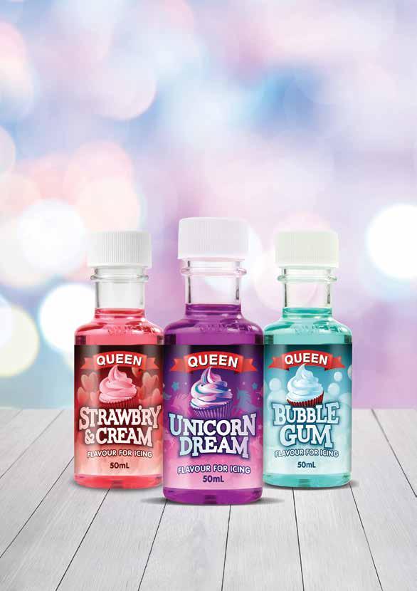 Whimsical Flavours Queen Flavours for Icing are the newest addition to the Queen Extracts range and come in three fun flavours; Unicorn Dream, Bubble Gum and Strawb ry & Cream!