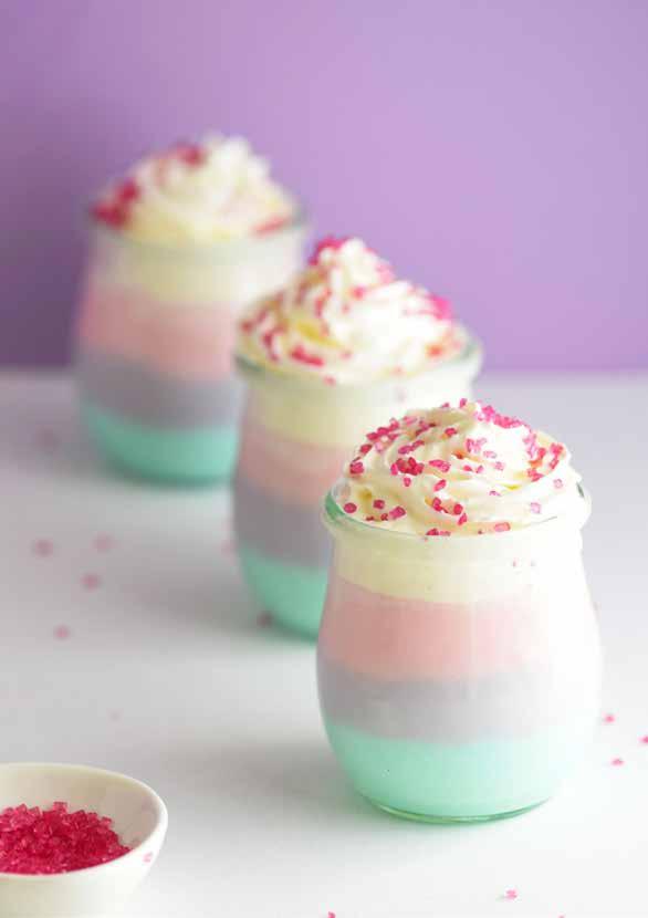 Unicorn Parfaits SERVES: 6 PREP: 25 MIN + CHILLING DIFFICULTY: EASY This colourful creamy parfait tastes as magical as it looks!