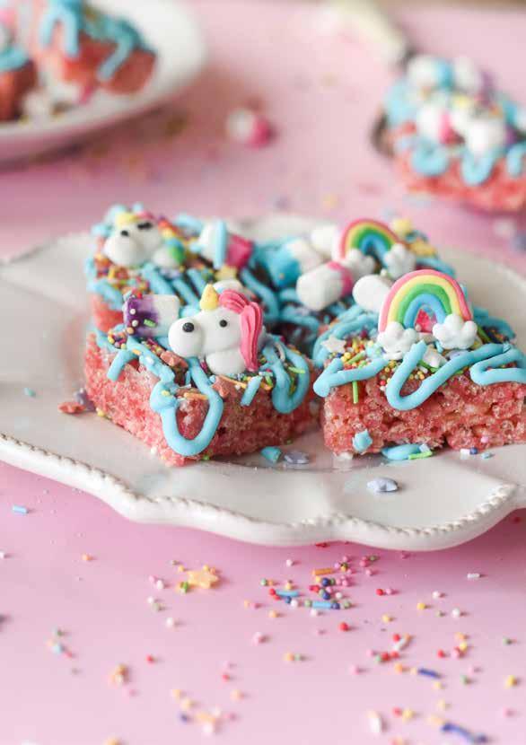 Unicorn Rice Crispy Squares No unicorns were harmed in the making of these treats! SERVES: 18 PREP: 40 MIN + SETTING DIFFICULTY: EASY If there were ever a dessert that screams Unicorn! This is it!